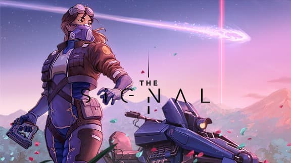 A woman in futuristic gear stands beside a futuristic motorcycle, gazing at a pink sky and distant meteor.