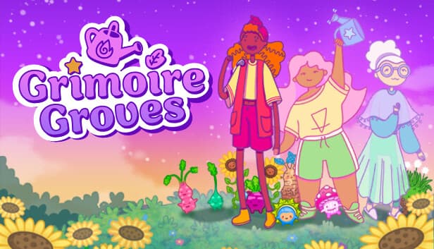 Three diverse young adults in bright outfits stand in a whimsical garden filled with sunflowers.