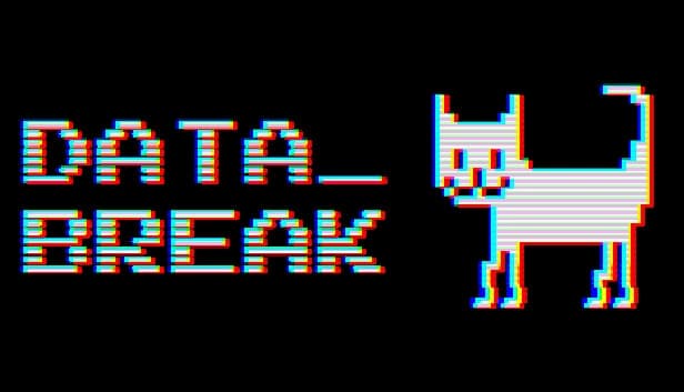 Retro-style pixelated cat with glitch effect, alongside the words "DATA BREAK" in a similar style.
