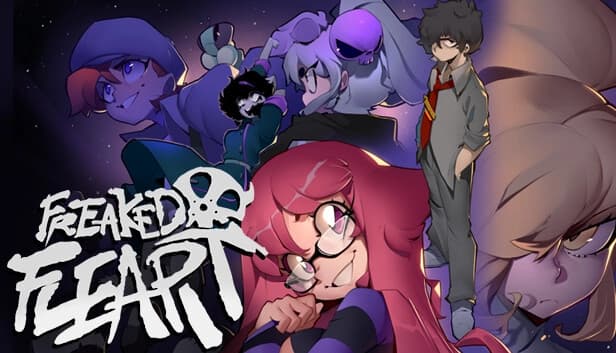 Young woman with red hair and glasses in foreground, surrounded by six distinct characters in dark attire.