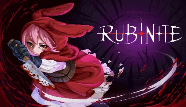 A young girl with pink hair in a red bunny cloak slashes a bloodied dagger, surrounded by swirl of blood.