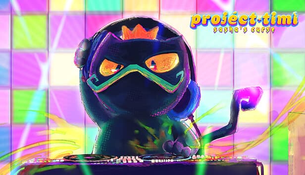 A cartoon cat wears a crown and headphones, DJing with colorful lights in a futuristic setting.