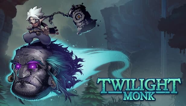 A young warrior boy with white hair rides a giant stone head with glowing purple eyes across a misty canyon.