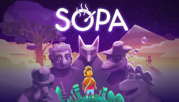 SOPA: A young boy wearing a poncho stands in a forest clearing surrounded by four mystical purple statues and lush greenery.