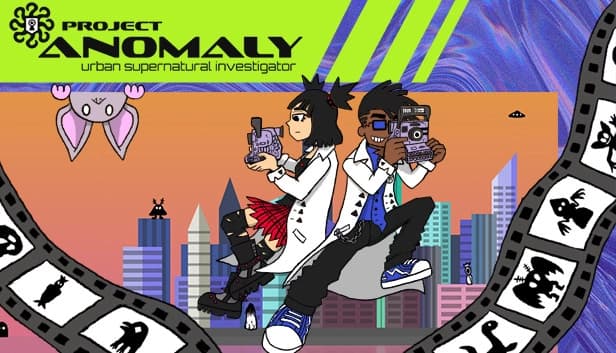Young female and male investigators with cameras stand back-to-back, surrounded by film strips with monster silhouettes.