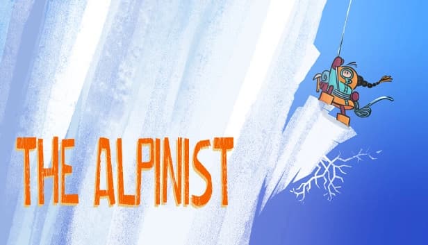 A young girl in a colorful climbing suit scales an icy cliff with determination, holding a climbing axe.