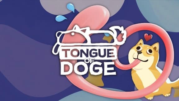 Cartoon Shiba Inu dog with spiral tongue in playful pose, red heart above; abstract backdrop.