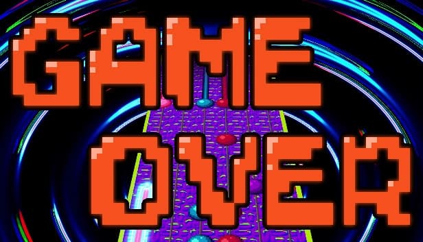 Bright, pixelated "Game Over" text dominates the image, with a colorful, abstract background pattern.