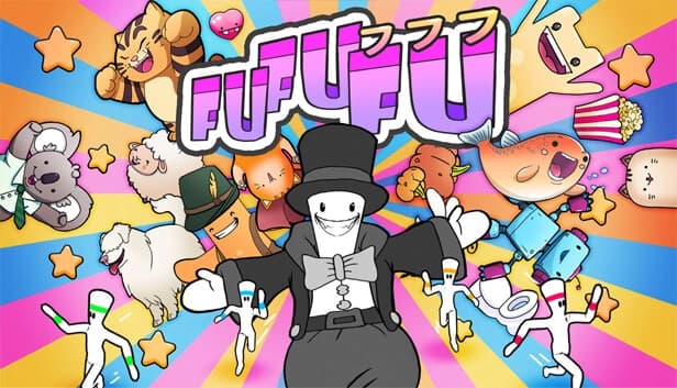 A cheerful, cartoon character in a tuxedo and top hat surrounded by lively animals and bright stars.