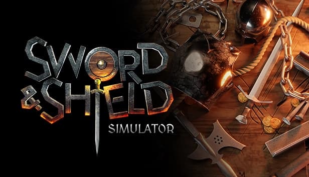 Dark scene featuring medieval weapons like swords, axes, and chains scattered on a wooden table.
