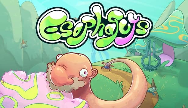 Cartoon old man with an exaggeratedly long neck stretches playfully, large mushrooms, tiny gnomes.