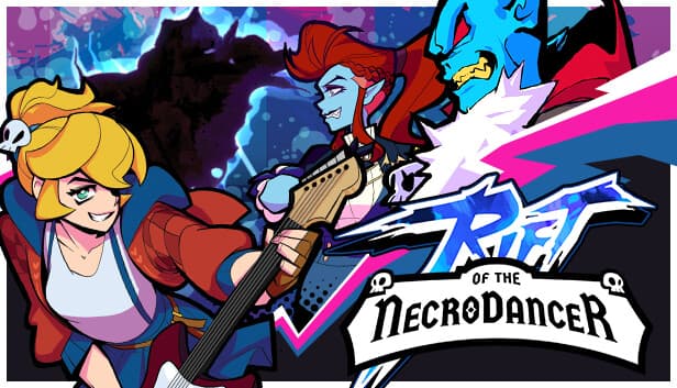 A smiling young woman with a skull hair clip and a guitar, beside a blue-skinned man on a neon background.