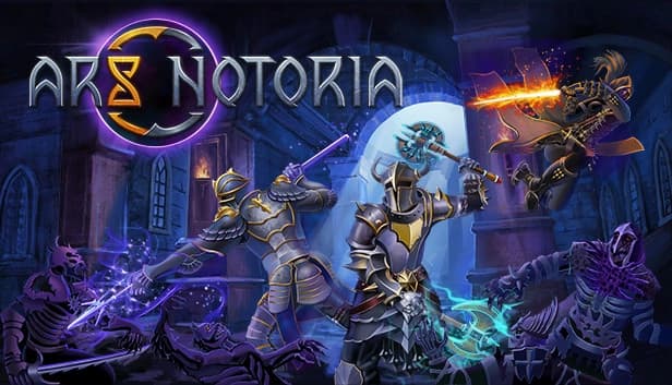 Armored knights battle skeleton warriors with glowing weapons in a dark, mystical cathedral setting.