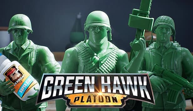 Three green plastic toy soldiers with helmets and weapons stand poised, with one holding a large glue bottle.