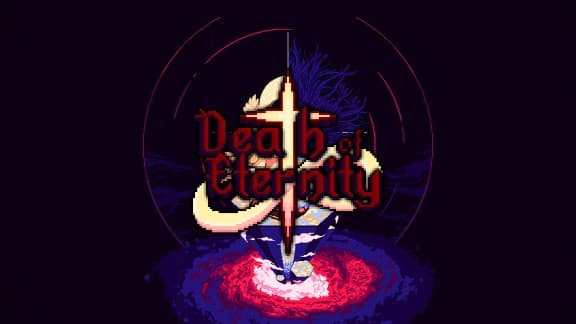 Dark fantasy-themed scene features a glowing sword piercing through a celestial circle over swirling abyss.