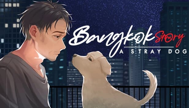 A thoughtful man gazes at a small, off-white dog on a city balcony at night, with skyscrapers in view.