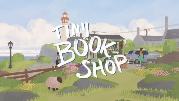 Tiny Bookshop: A person walks near a bookshop van by a lighthouse, with a grazing sheep and coastal scenery in the backdrop.