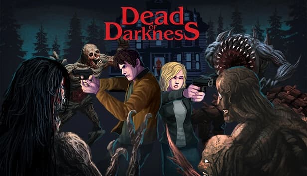 Young man and woman aim pistols at approaching monsters in front of a dark, eerie mansion.