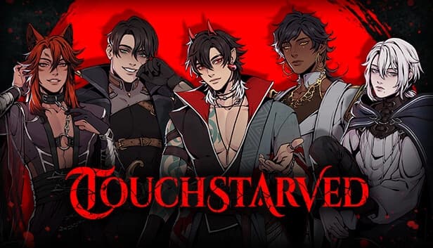 Five young adults in dark, stylish attire stand confidently against a dramatic red and black backdrop.