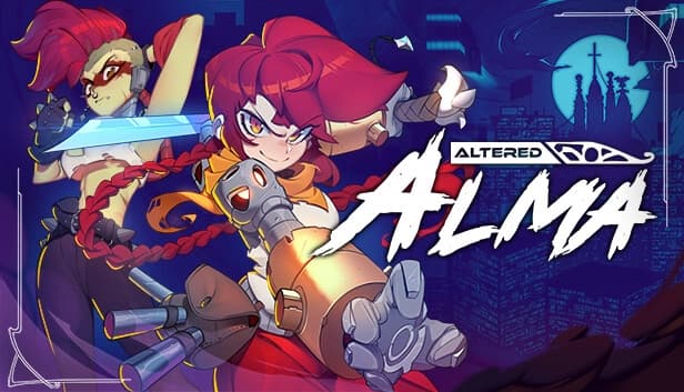Young woman with red hair and robotic arm fiercely points forward, background shows futuristic cityscape.