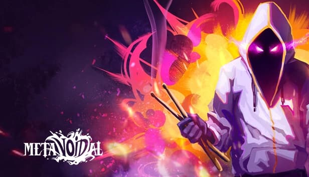 Hooded figure with glowing eyes holds drum sticks against vibrant, swirling, multicolored background.