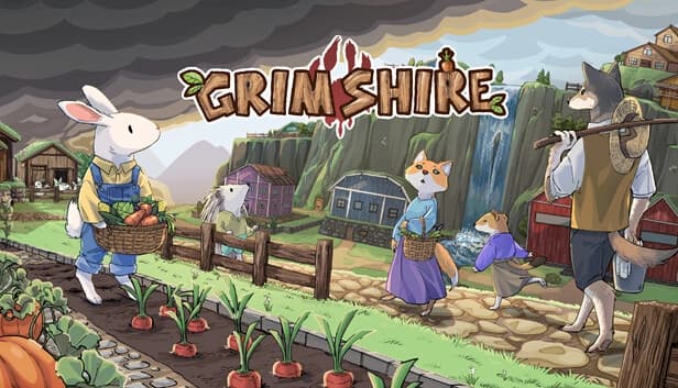 Anthropomorphic animals farm lush fields, carrying produce. A tall waterfall cascades in the background.