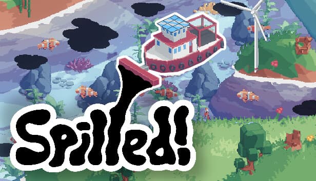 A pixel art river scene features a boat spilling oil, surrounded by fish, wind turbine, and plants.
