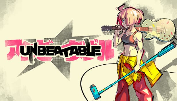 UNBEATABLE: Girl with pink hair holds guitar, wearing red pants and black sports bra, against a stylized graphic backdrop.
