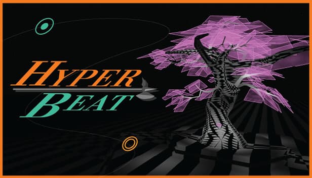 HYPERBEAT: Stylized tree with twisting trunks and pink geometric leaves on a black striped platform in a digital environment.