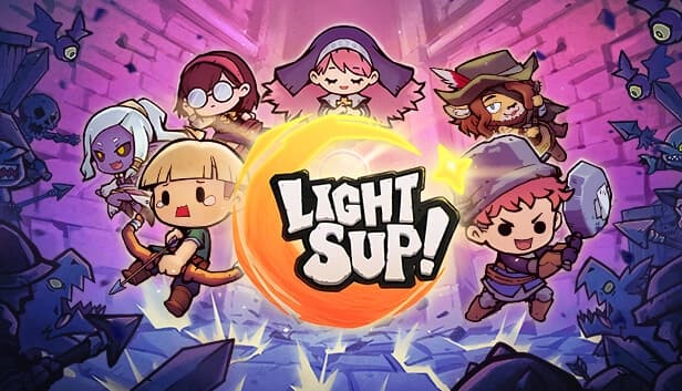 Cartoon adventurers in a dungeon wielding weapons like bows and pans face off against sharp-toothed monsters and bats.