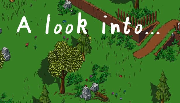 Lush green forest setting with tall trees, scattered rocks, and a winding dirt path bordered by shrubbery.