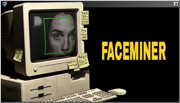 A vintage beige computer with a CRT monitor shows a man's face outlined in green, notes attached.