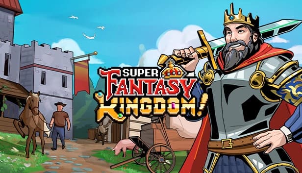 A bearded king in armor holds a sword confidently. A castle, horse, and two people are in the background.