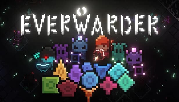 Array of colorful pixelated icons and creatures on a dark background, featuring glowing elements.