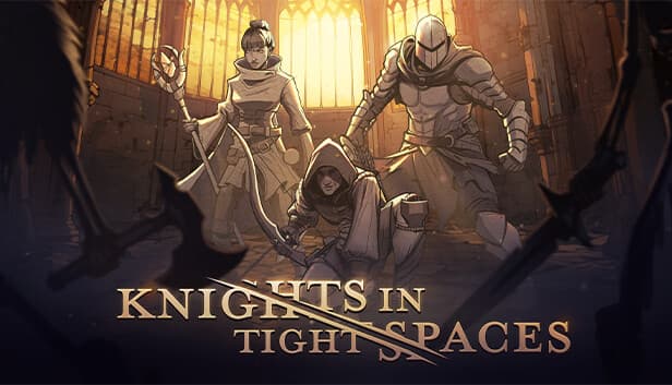 Knights in Tight Spaces: Three armored figures with weapons face skeletons in a dimly lit castle corridor with high windows.