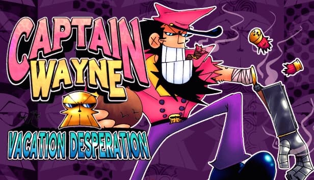 Cartoon pirate man with pink outfit and big grin swings hook hand against purple background, smoking a cigar.