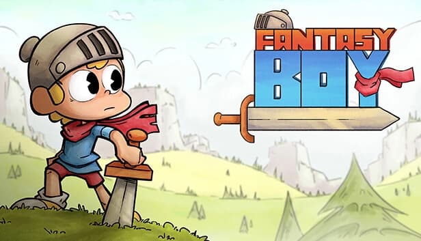 Young boy in knight helmet grips sword lodged in hilltop; scenic view of distant mountains unfolds.