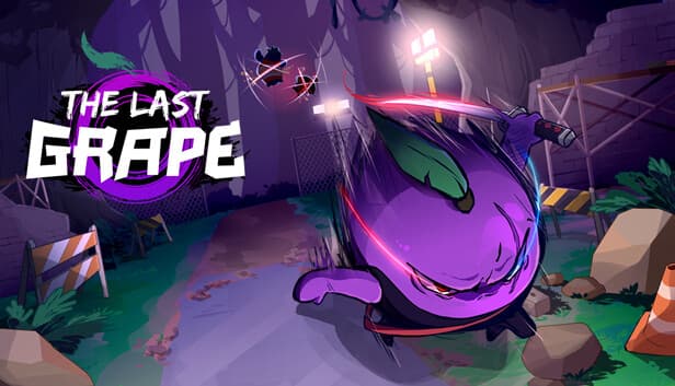 A purple grape character wielding a katana runs down a dark forest path with glowing lights and trees.