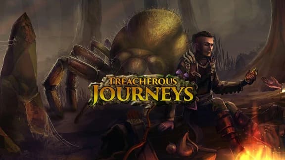 A man sits near a campfire in a forest with a large spider behind him. A quiver and bow rest nearby.