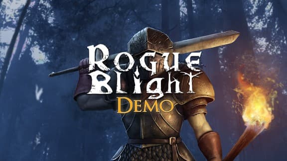 A medieval knight in armor wields a sword and torch in a dark, misty forest, creating a tense mood.
