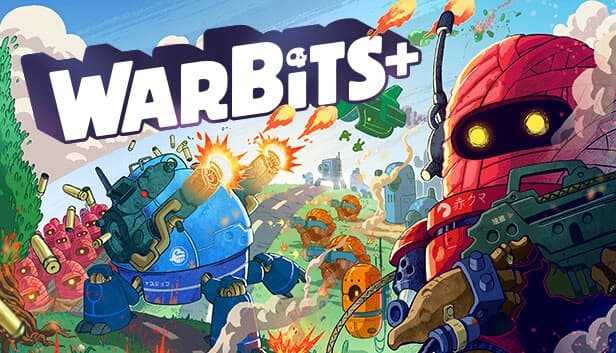 A red and a blue robot engage in battle amidst explosions and flying projectiles in a vibrant landscape.