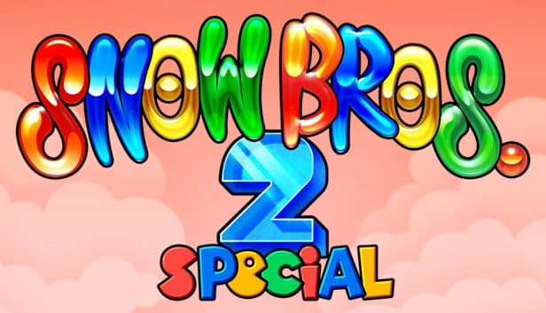 Colorful cartoon letters spelling out "Snow Bros. 2 Special" against a backdrop of pink clouds.