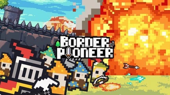 A group of pixelated knights with varied armor stands in front of a large explosion near a castle.