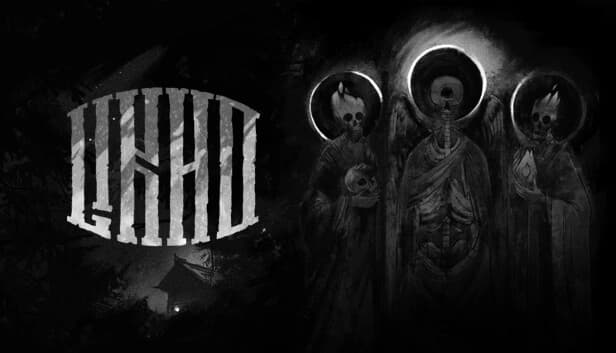 Three skeletal figures with halos stand solemnly in the darkness, surrounded by a shadowy landscape.