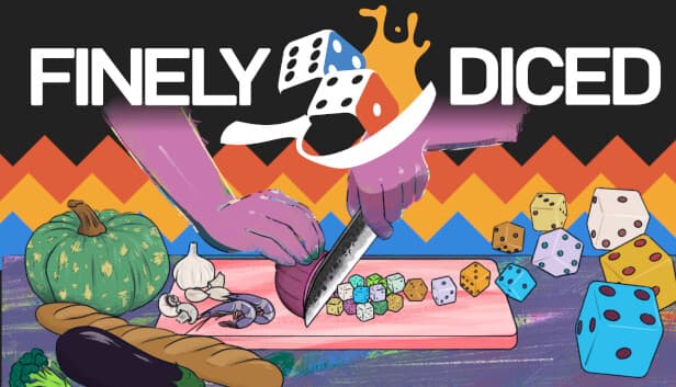 Finely Diced: Hands slicing an onion into colorful dice on a cutting board with vegetables, vibrant zigzag backdrop.