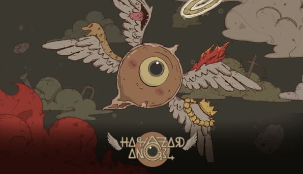 A large floating eyeball with wings, surrounded by a snake, flame, and halo, flies through a dark sky.