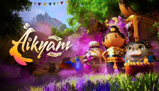A diverse group with a young girl clad in vibrant attire, standing in a colorful forest environment.