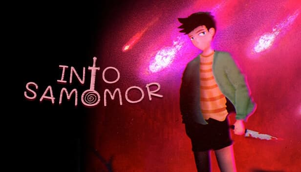A young boy in a striped shirt and green jacket holds a knife in a fiery scene with comets streaking.