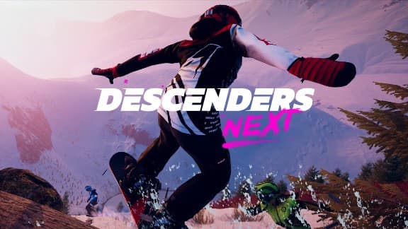 A snowboarder performs a dynamic jump on a snowy mountain, with two riders following behind.