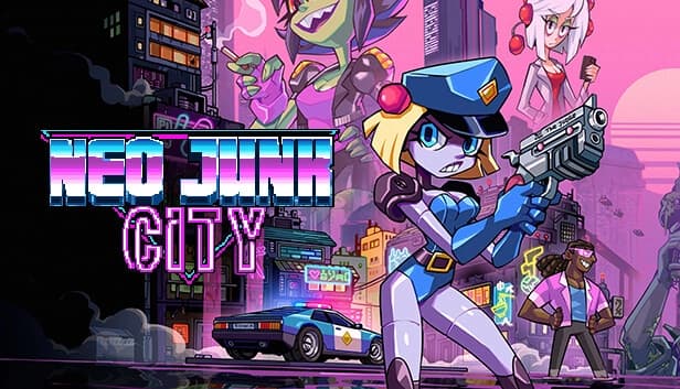 A robotic female police officer holds a gun in a neon-lit city, with futuristic buildings and a police car.